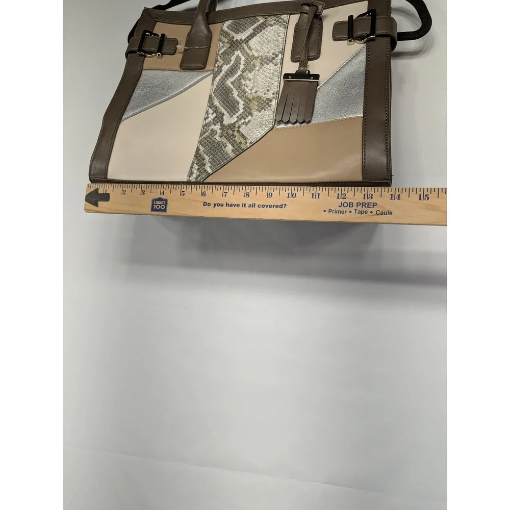 Nine‎ West Colorblock Snakeskin Trim Satchel Handbag Brown Beige Silver